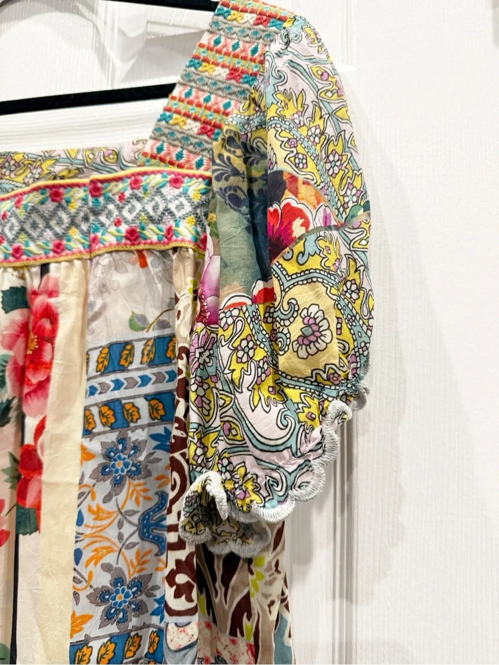 Johnny Was Embroidered Puff Sleeve Square Neck Blouse Top Mixed Prints - Picture 3 of 6